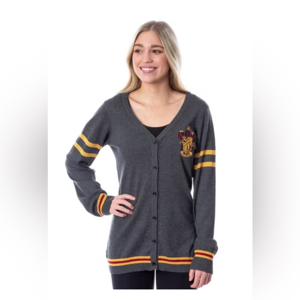 Harry Potter Womens Gryffindor House Open Front Cardigan Knit Sweater Grey